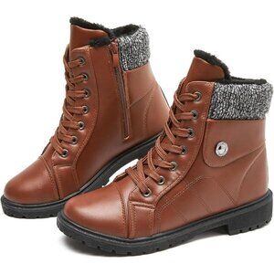 Women's Brown FRACORA PU Leather Combat Boots Fur Lined Side Zipper Winter